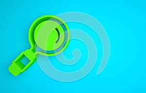 Green Magnifying glass icon isolated on blue background. Search, focus, zoom, business symbol. Minimalism concept. 3D