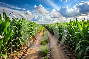 Green maize plants and sandy road between corn fields