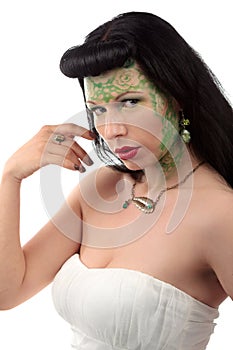 Green make-up girl art nouveau ring and necklace