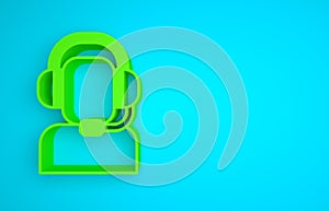 Green Man with a headset icon isolated on blue background. Support operator in touch. Concept for call center, client