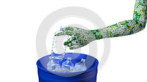 Green man`s arm covered by green, blue and yellow circles with the recycling symbol by placing a plastic bottle in a blue dump. 3