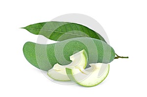 Green mango with leaf isolated on white background