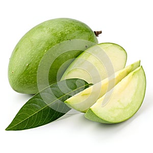 Green Mango with Slice and Leaf Isolated on White Background
