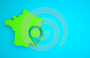 Green Map of France icon isolated on blue background. Minimalism concept. 3D render illustration