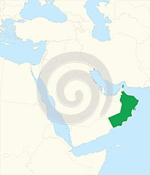 Green map of OMAN inside beige map of the Middle East