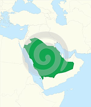 Green map of SAUDI ARABIA inside beige map of the Middle East