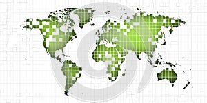 Green map of the world silhiuette with digital pixels