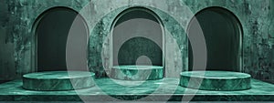 Green marble podiums in a dark arched room for luxury product display