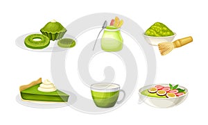 Green Matcha Desserts with Cheesecake and Yoghurt Vector Set