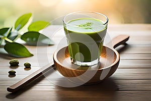 green matcha or maccha tea in a glass on natural background, detox and healthy drink created with generative ai