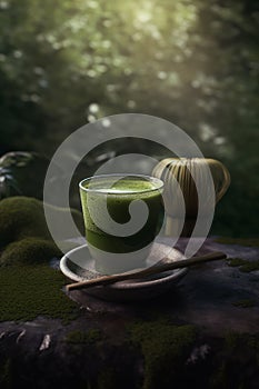 Green matcha tea, culture of Japan and China. A cup of matcha on a wooden table, chasen in the forest or on the background of