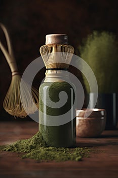 Green matcha tea, culture of Japan and China. Matcha powder in a designer jar, homemade matcha, matcha whisk. Chasen. Generative