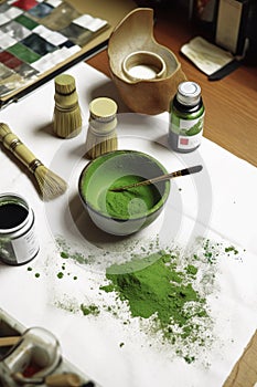 Green matcha tea, culture of Japan and China. Matcha powder is like paint, rich colors. Chasen. Matcha is an art. Generative AI