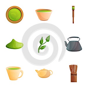 Green matcha tea icon set, cartoon style