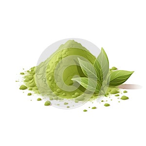 Green Matcha Tea Powder Heap with Tea Leaf. Pile of Maccha or Green Wheat Powder for Healthy Drink