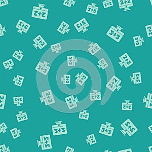 Green Math system of equation solution on computer monitor icon isolated seamless pattern on green background. Vector