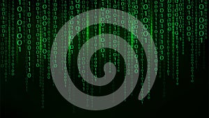Green matrix background. stream of binary code. Falling numbers on dark backdrop. Coding and hacking