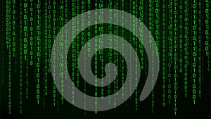 Green matrix background. stream of binary code. Falling numbers on dark backdrop. Digital computer code