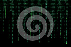 Green matrix background stream of binary code falling numbers on dark backdrop digital computer code coding