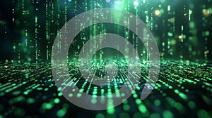 Green matrix backgroundDigital background with falling green matrix code on dark background with light effects, data security,
