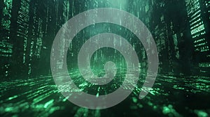 Green matrix backgroundDigital background with falling green matrix code on dark background with light effects, data security,
