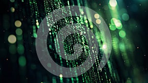 Green matrix backgroundDigital background with falling green matrix code on dark background with light effects, data security,