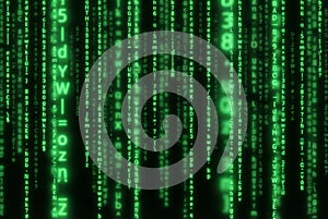 Green matrix code digital rain background, computer generated.
