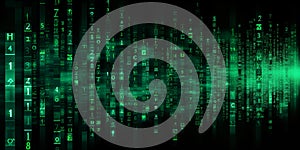 Green matrix code digital rain background for internet technology, programming