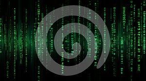 Green matrix code digital rain background for internet technology, programming