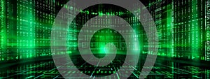 green matrix, code virtual computer system, banner and background with copy space, made with Generative AI