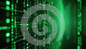Green matrix digital wall background with numbers and letters. Computer data, binary code, internet network program, digits,