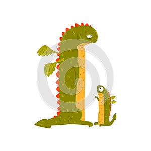 Green mature dragon and small baby dragon, mother and her child, cute family of mythical animals cartoon characters