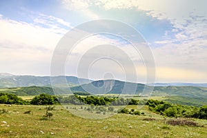 Green meadow on the background with distant mountains. Open field with green grass.