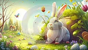 Green meadow with cute cartoon rabbit sitting on grass with blooming flowers. Sunny sky in background with copy space