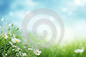 Green meadow with daisies and bokeh effect, spring background or summer background with fresh green, AI Generated