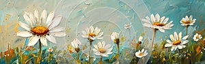 Green Meadow Field with White Daisies: Abstract Oil Painting for Spring/Summer Banner or Background Panorama