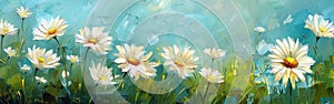 Green Meadow Field with White Daisies: Abstract Oil Painting for Spring/Summer Banner or Background Panorama