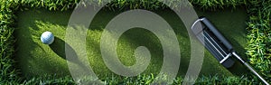 Green Meadow Golf Equipment: Club and Ball on Lush Grass - Banner Background