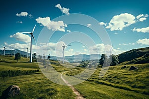 Green meadow with majestic wind turbines producing sustainable energy in a picturesque setting.