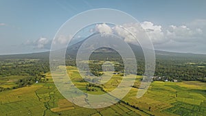 Green meadow at Mayon volcano eruption aerial. Nobody nature landscape of cloudy fog above mount