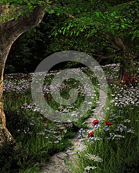 Green meadow pathway with summer flowers