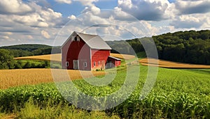 Green meadow, rustic barn, blue sky, tranquil scene generated by AI