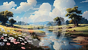 Green meadow, tree, sky, pond, reflection, sunset generated by AI