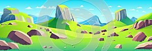 Green meadows and road in mountain valley. Vector cartoon illustration of nature panorama, summer landscape of fields