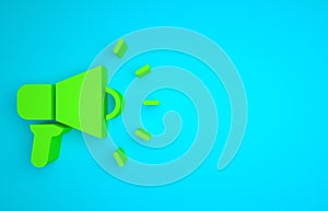 Green Megaphone icon isolated on blue background. Speaker sign. Minimalism concept. 3D render illustration