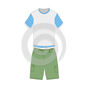 Green men`s, women`s, unisex shorts, t-shirt for a summer hike in the mountains