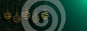 Green merry christmas banner with creative golden balls