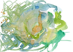 Green messy expressive watercolor stain. dynamic multicolor abstraction