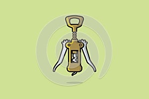 Green Metal Corkscrew for opening wine bottles, with levers and gears vector illustration. Bar working tools element icon concept.