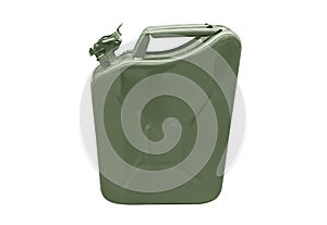 Green metal gas canister isolated on a white background. Canister for gasoline, diesel and gas. Storage tank. Metal canister for